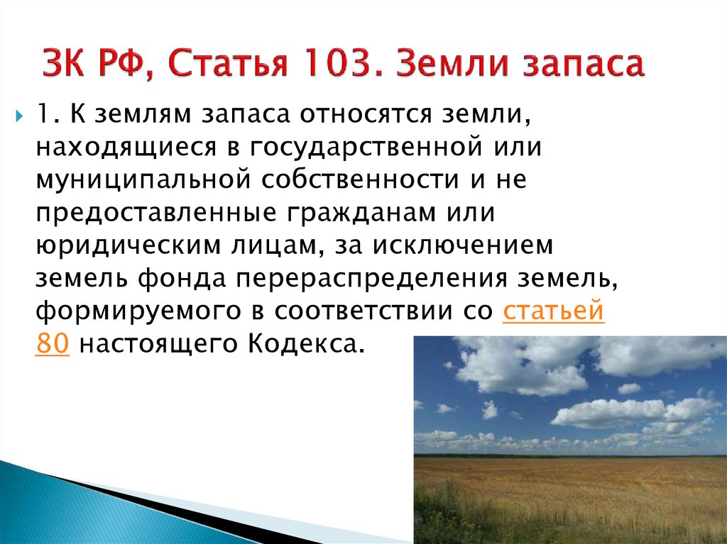 Статья 103. Земли запаса. К землям запаса относятся земли.