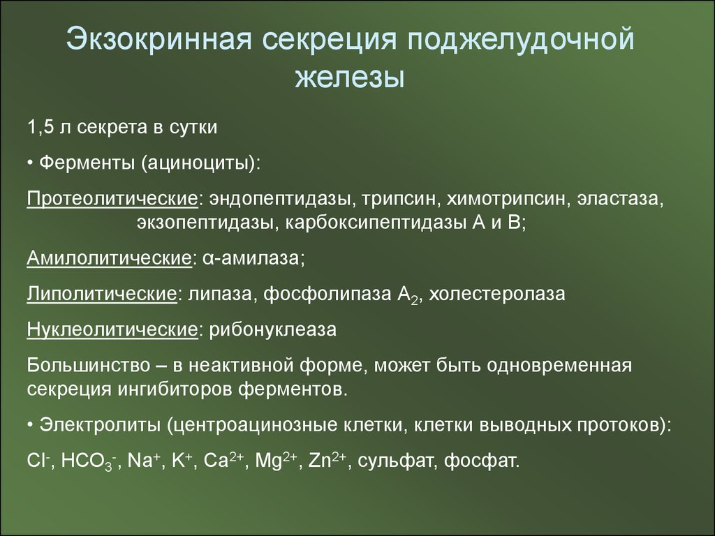 Протеолитические ферменты поджелудочной. Экзокринная секреция поджелудочной железы. Экзокринные ферменты поджелудочной железы. Амилолитические ферменты поджелудочной железы.