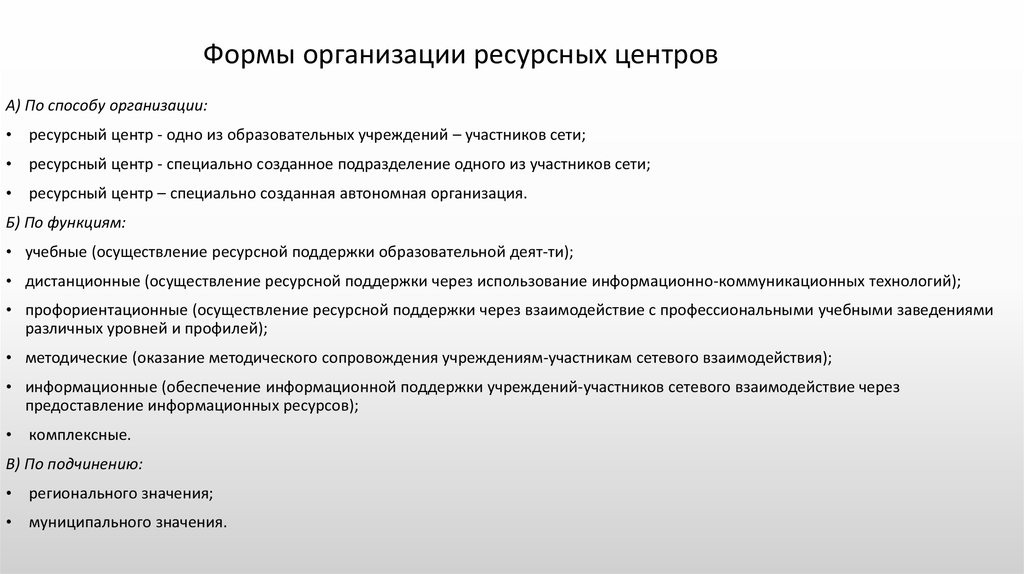 Формы организации ресурсных центров