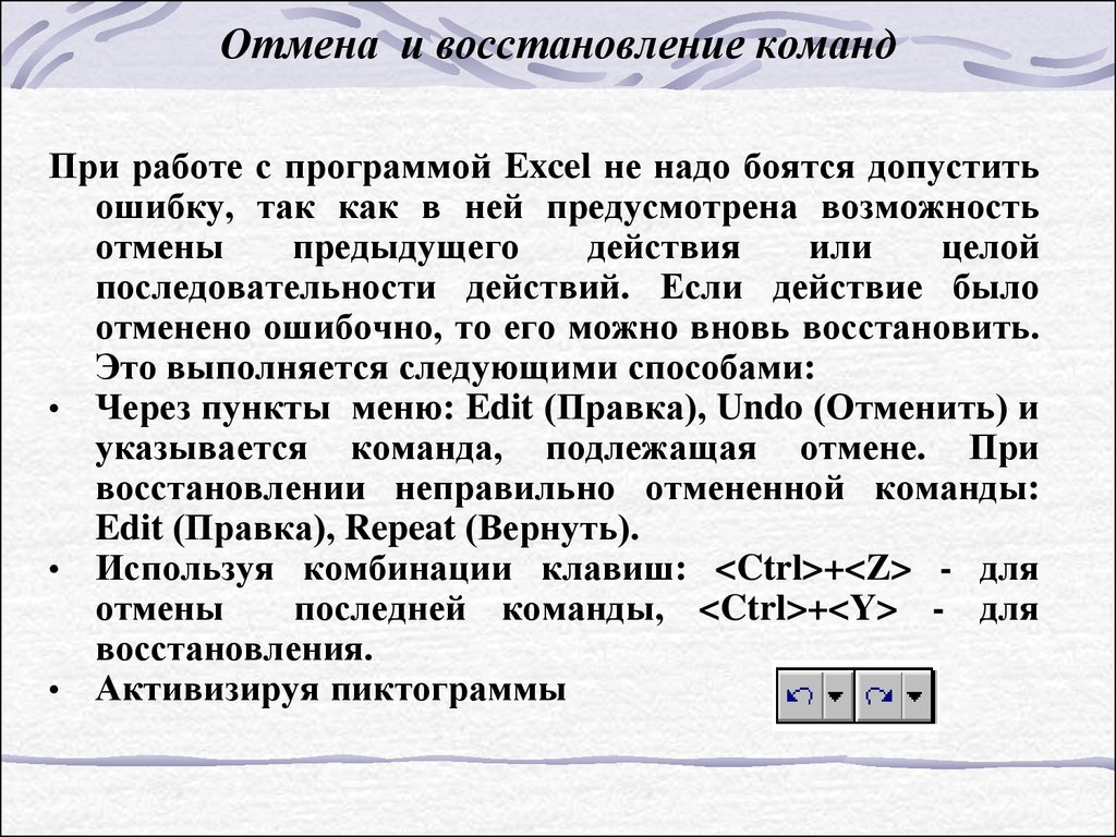 Команда восстановления. Последовательность действий при работе с текстовыми редакторами. Отменить предыдущее действие. Отмена действий ошибочных команд. Как вернуть отмененное действие.