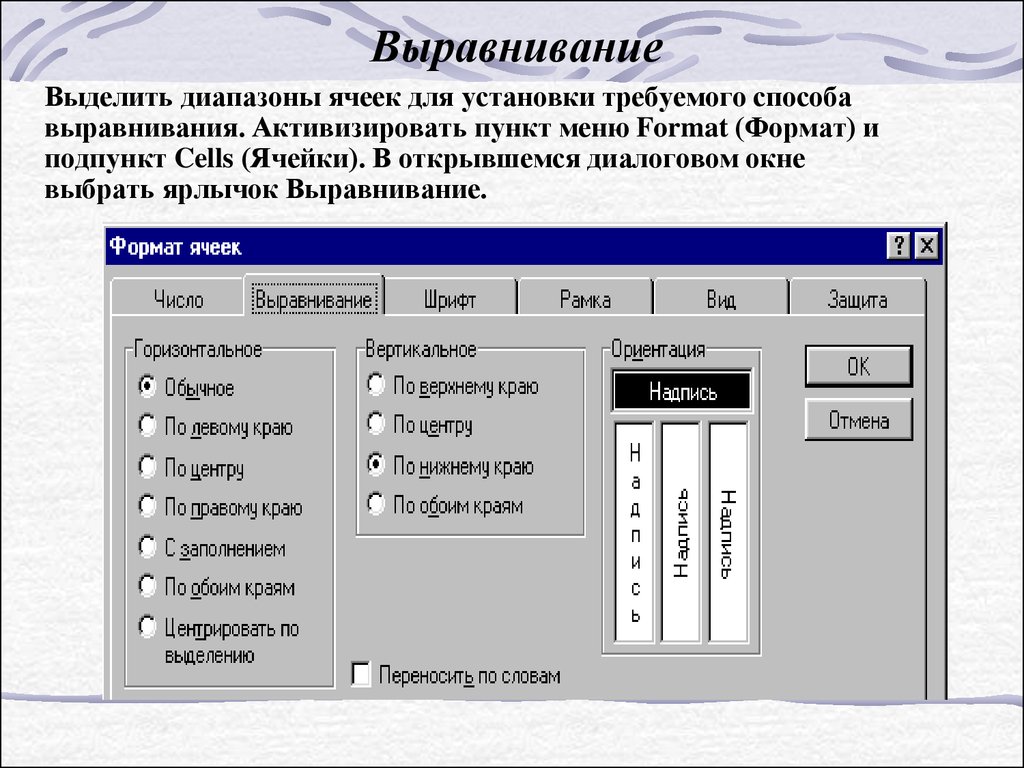 Выравнивание шрифта. Выравнивание ячеек. Выравнивание по формату. Выравнивание в диалоговом окне Формат ячейки. Пункт меню Формат ячеек.