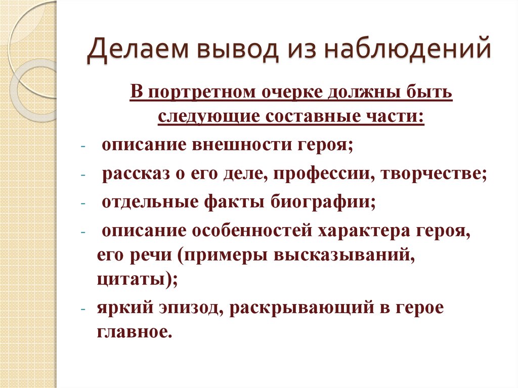 Как писать очерк о человеке план с примерами портретный