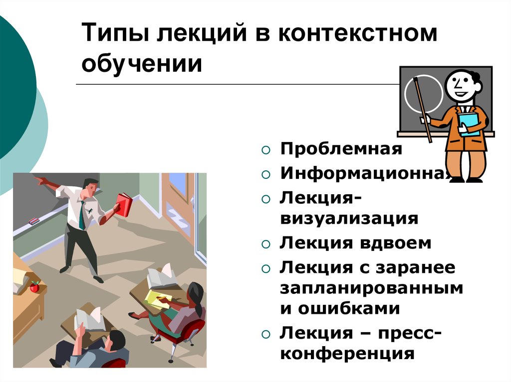 Основа лекции. Типы лекций в контекстном обучении. Типы лекций. Проблемная лекция. Технология контекстного обучения.