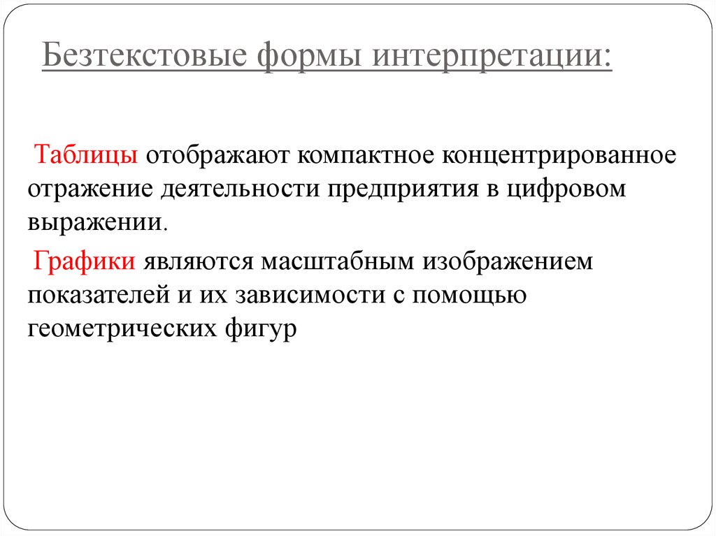 Отражение деятельности. Формы интерпретации. Трактовка форм. Бестекстовые Результаты аналитического исследования –. Бестекстовая форма оформления результатов анализа представляет.