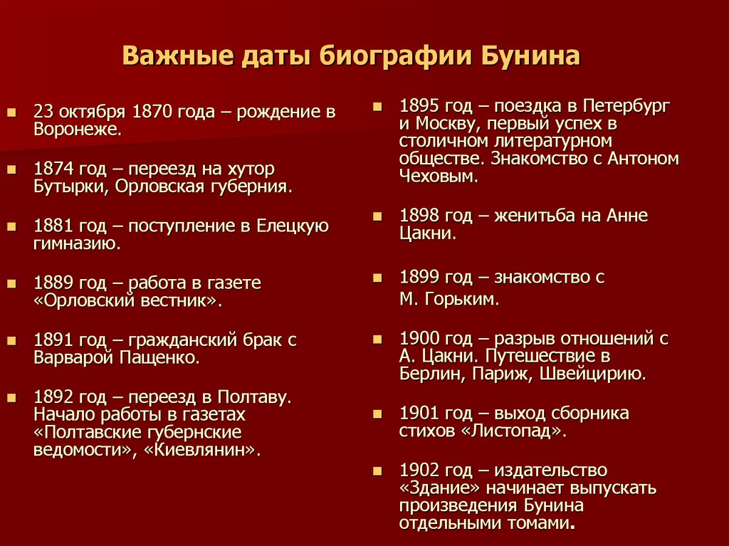 Жизненно важное событие. Биография Бунина таблица. Хронологическая таблица событие произведение Бунина. Основные даты Ивана Алексеевича Бунина.