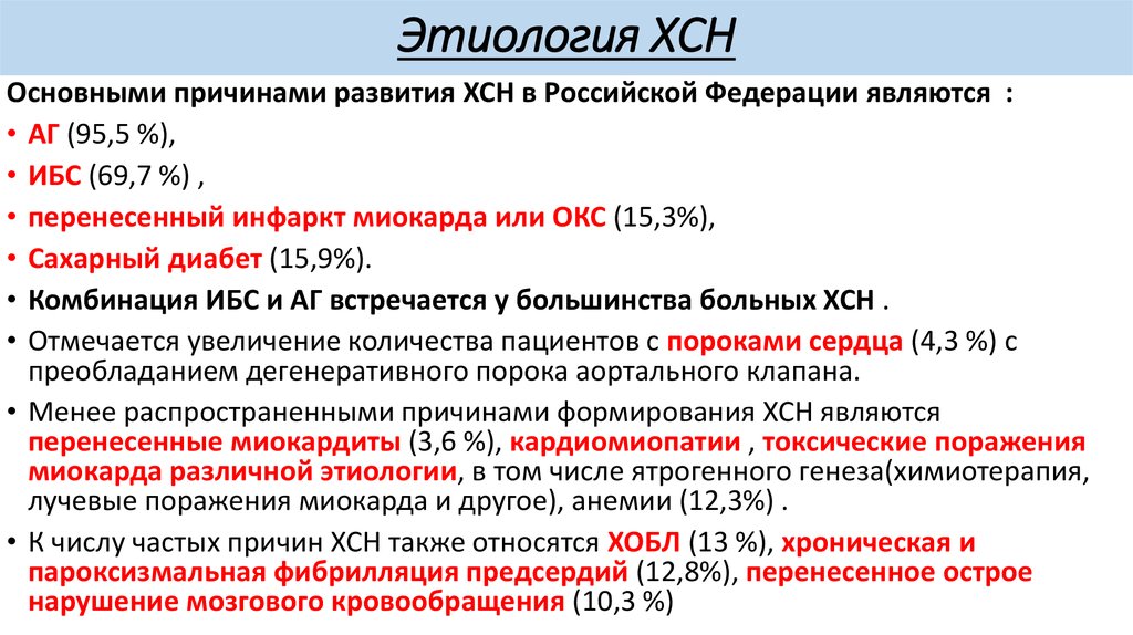 Причины сердечной недостаточности. Хроническая сердечная недостаточность этиология. ИБС хроническая сердечная недостаточность. Частые причины развития хронической сердечной недостаточности. ХСН В стадии декомпенсации.