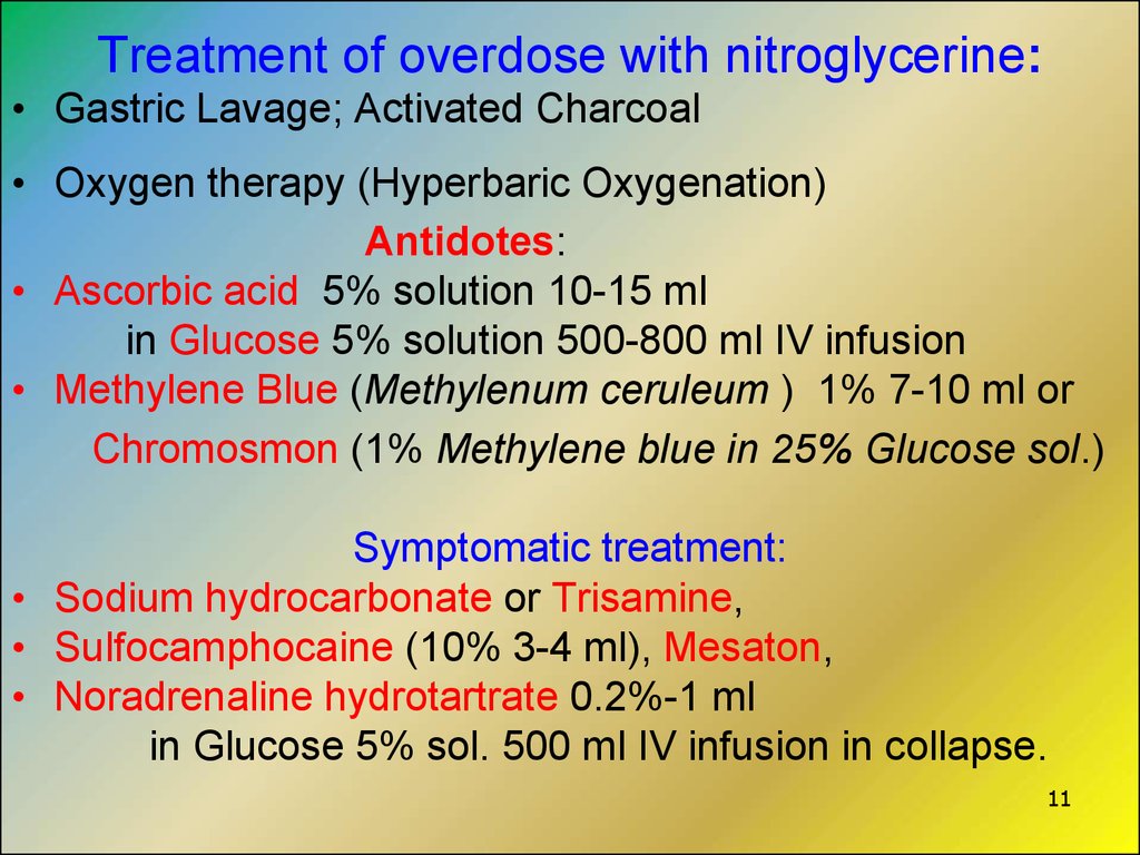 Treatment of overdose with nitroglycerine: