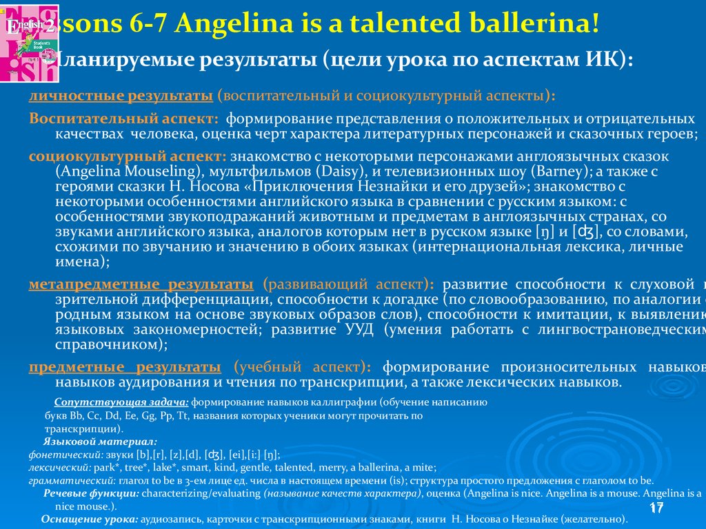 Lessons 6-7 Angelina is a talented ballerina! Планируемые результаты (цели урока по аспектам ИК):