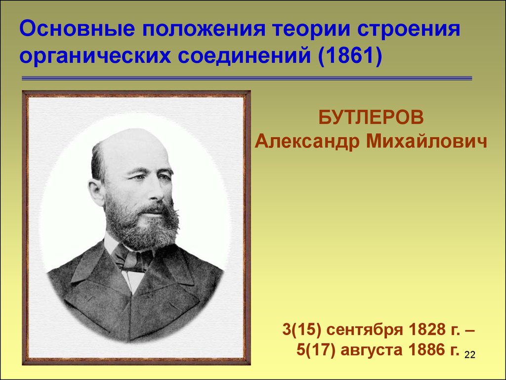 Основные положения теории строения. 1861 Бутлеров. Теория химического строения Бутлерова 1861. Александр Бутлеров теория строения органических веществ. Автор теории строения органических веществ.