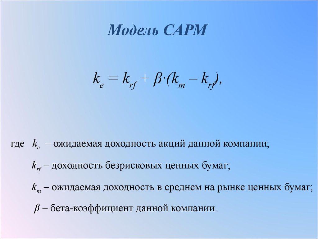 Модели оценки капитальных. Модель САРМ. Коэффициент бета и доходность. Модель оценки капитальных активов САРМ. Доходность акции через бета коэффициент.