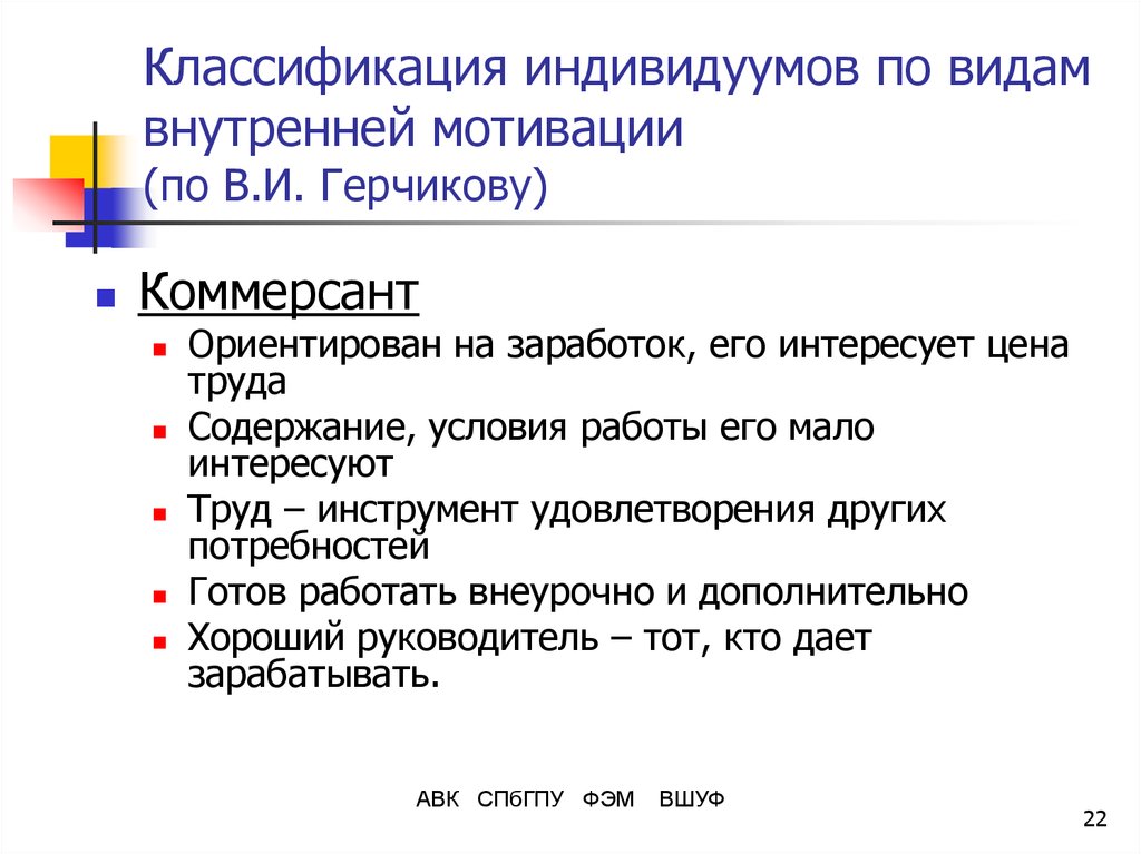 Классификация индивидуумов по видам внутренней мотивации (по В.И. Герчикову)