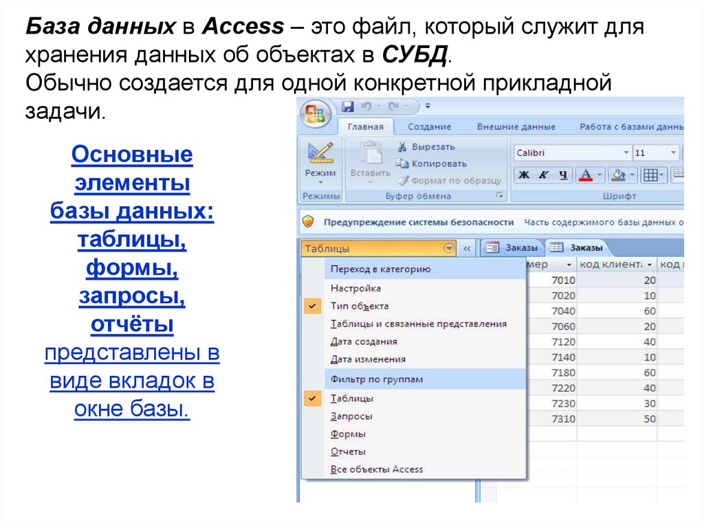 C использование базы. Основные компоненты базы данных access. База данных в аксесс служит для. Данные базы данных MS access хранятся. Основные компоненты таблицы базы данных.