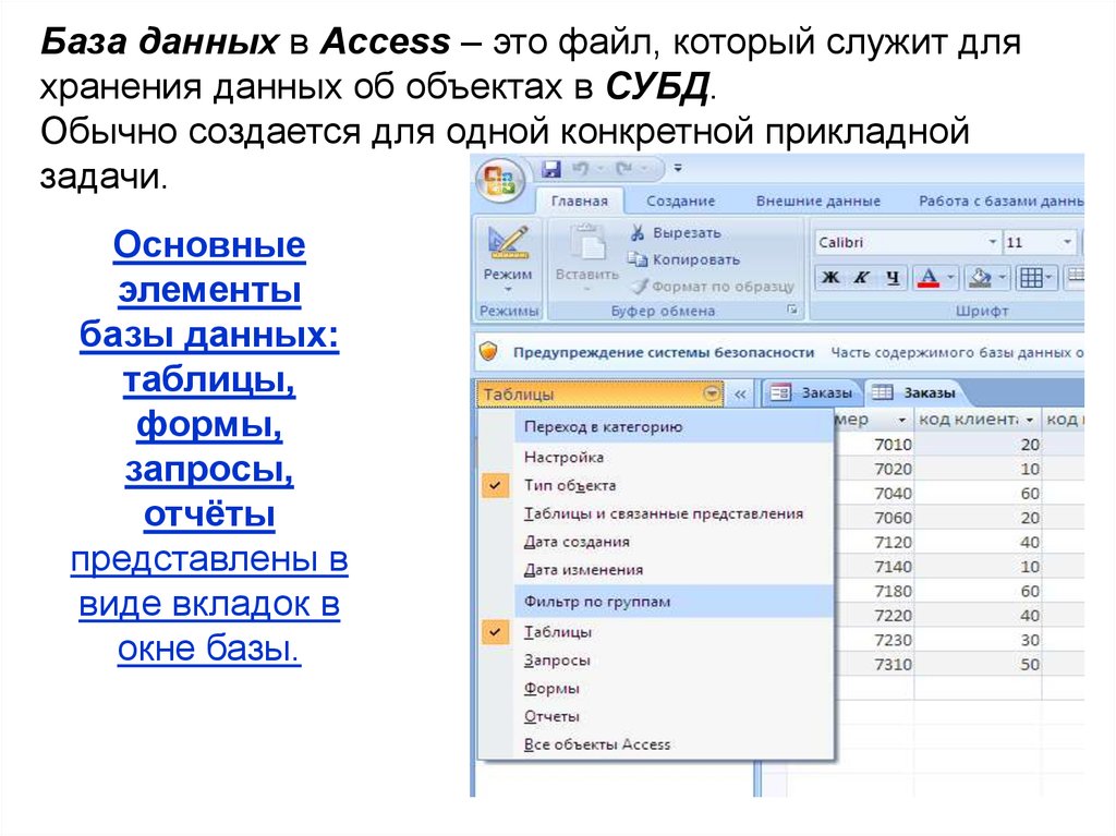 Хранение баз данных. Основные компоненты базы данных access. База данных служит для в access. Элементы стандартной базы данных access. Основные элементы табличной базы данных.