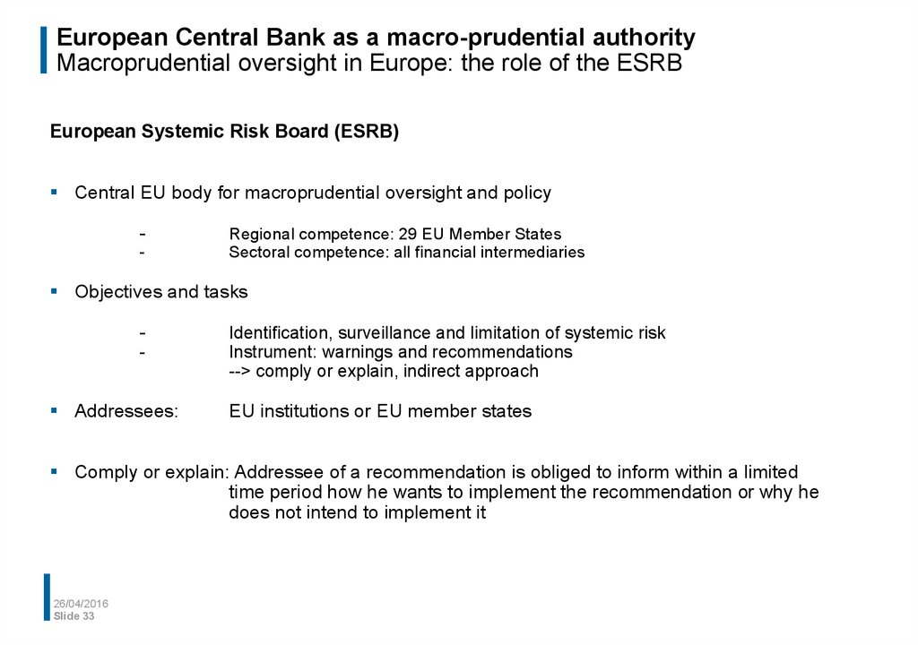 European Central Bank as a macro-prudential authority Macroprudential oversight in Europe: the role of the ESRB