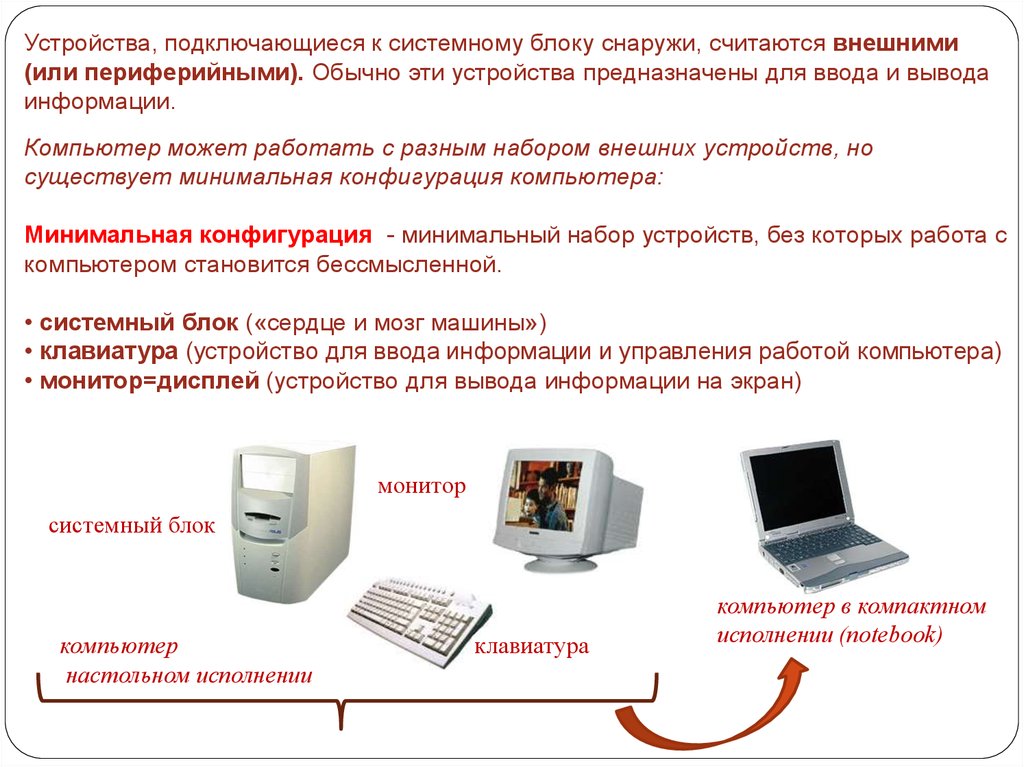 Присоединенные устройства. Устройства ввода системный блок устройства вывода. Устройство ввода и вывода подключается к системному блоку. Как подключаются внешние устройства к системному блоку. Внешние подключаемые устройства.