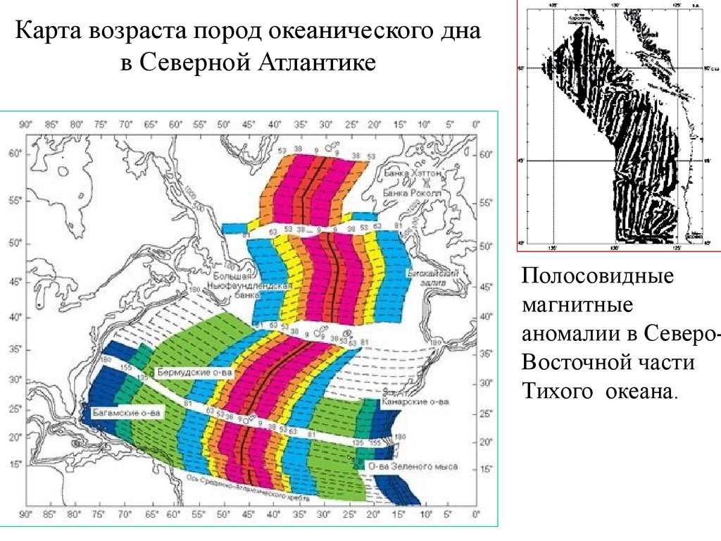 Карта возраста. Карта возраста пород океанического дна в Северной Атлантике. Линейные магнитные аномалии. Линейные магнитные аномалии Евразийского бассейна. Карта магнитных аномалий Тихого океана.