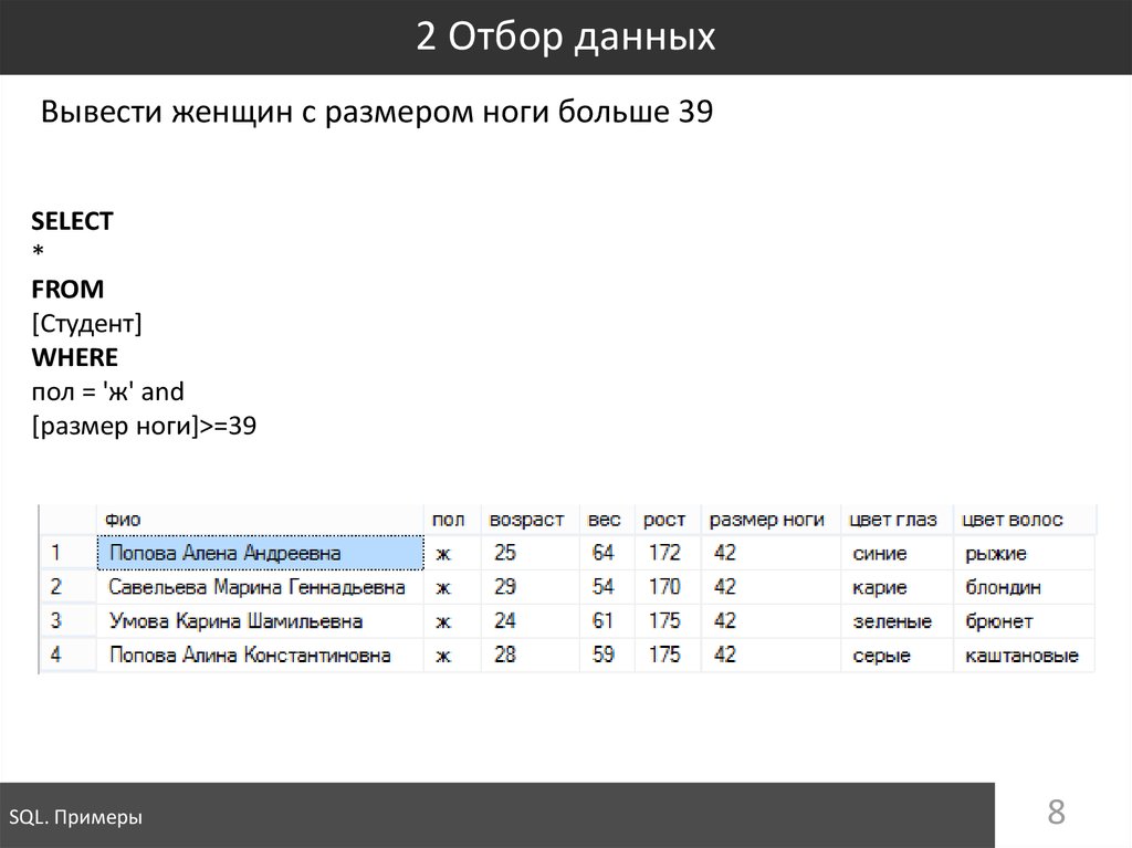 Sql example. Отбор данных. Select from where SQL примеры. Отбор SQL. Размеры SQL пример.