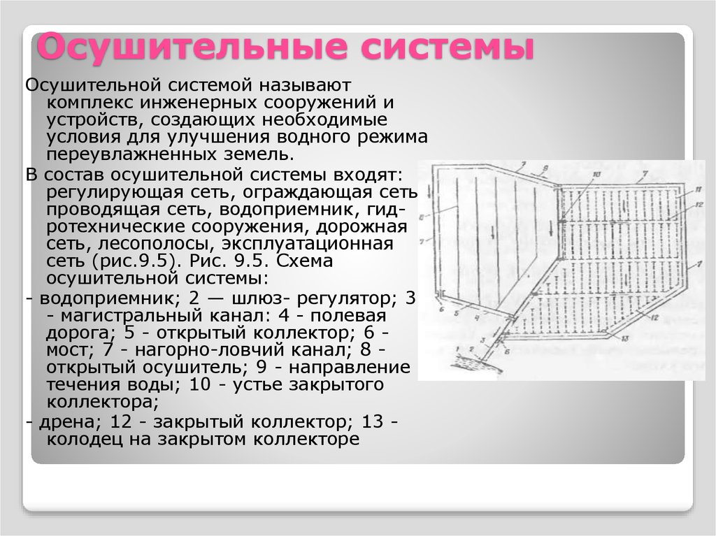 Элементы осушительной сети и их размещение на плане землепользования