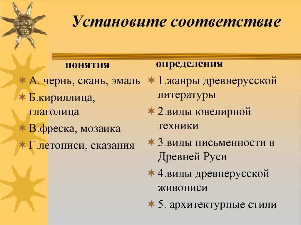 Соответствие понятия определения. Чернь скань эмаль кириллица глаголица фреска мозаика. Чернь скань эмаль кириллица глаголица фреска. Установите соответствие черни. Сказание это Жанр древнерусской литературы.