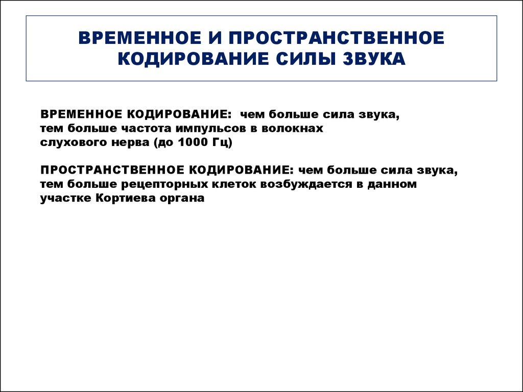 Временное кодирование. Пространственное кодирование. Пространственное и временное кодирование физиология. Временное и пространственное кодирование силы звука.