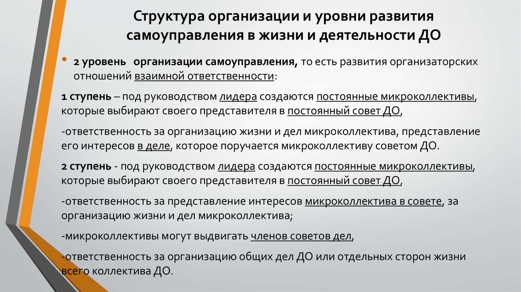 Структура организации и уровни развития самоуправления в жизни и деятельности ДО