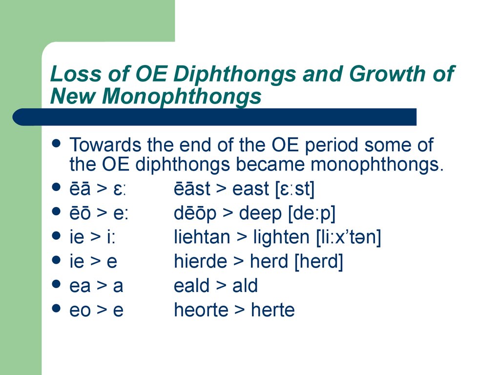 Loss of OE Diphthongs and Growth of New Monophthongs