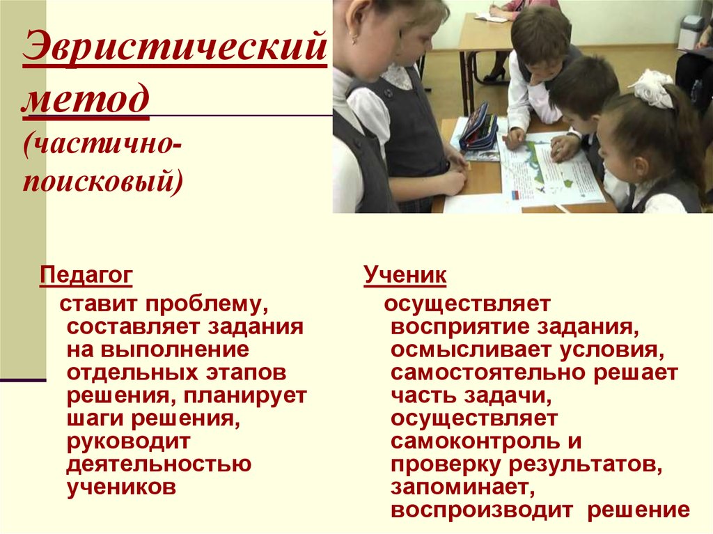 Методы в начальной школе. Частично-поисковый (эвристический) метод. Частично-поисковый метод. Примеры эвристического обучения. Эвристические методы обучения.