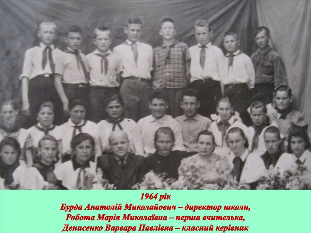 1964 рік Бурда Анатолій Миколайович – директор школи, Робота Марія Миколаївна – перша вчителька, Денисенко Варвара Павлівна – класний кері