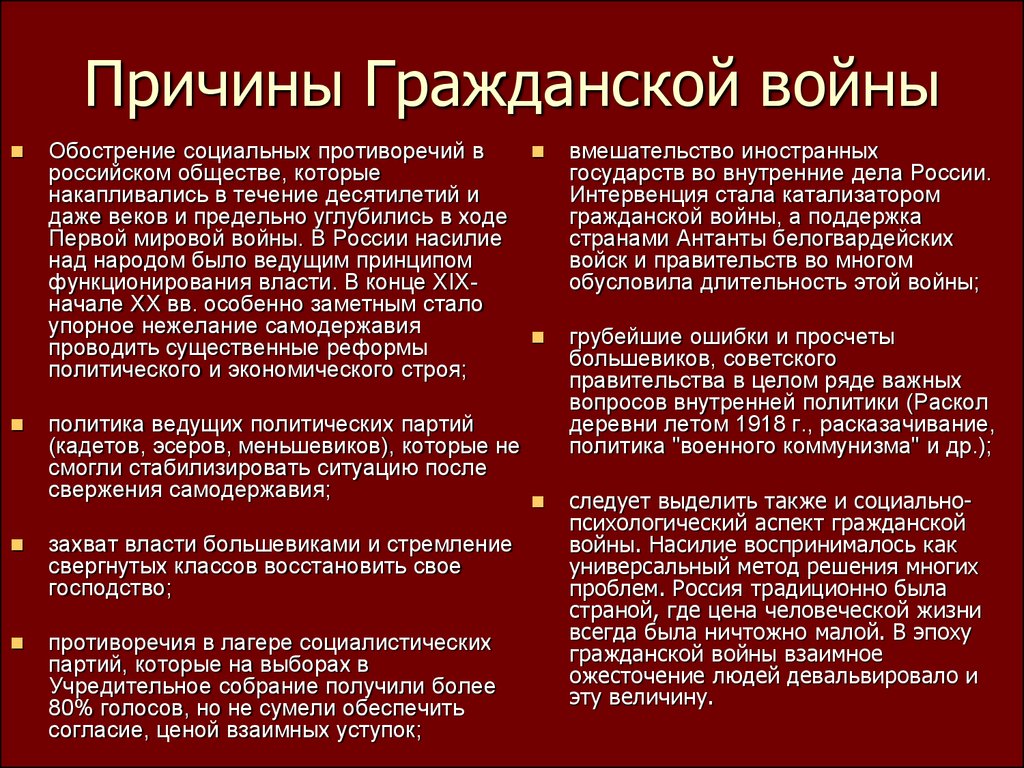 Причина участники. Политические причины гражданской войны 1918 1922. Экономические причины гражданской войны 1918-1922. Предпосылки гражданской войны 1918. Причины гражданской войны.