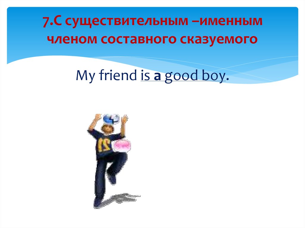 7.С существительным –именным членом составного сказуемого My friend is a good boy. He is a schoolboy.