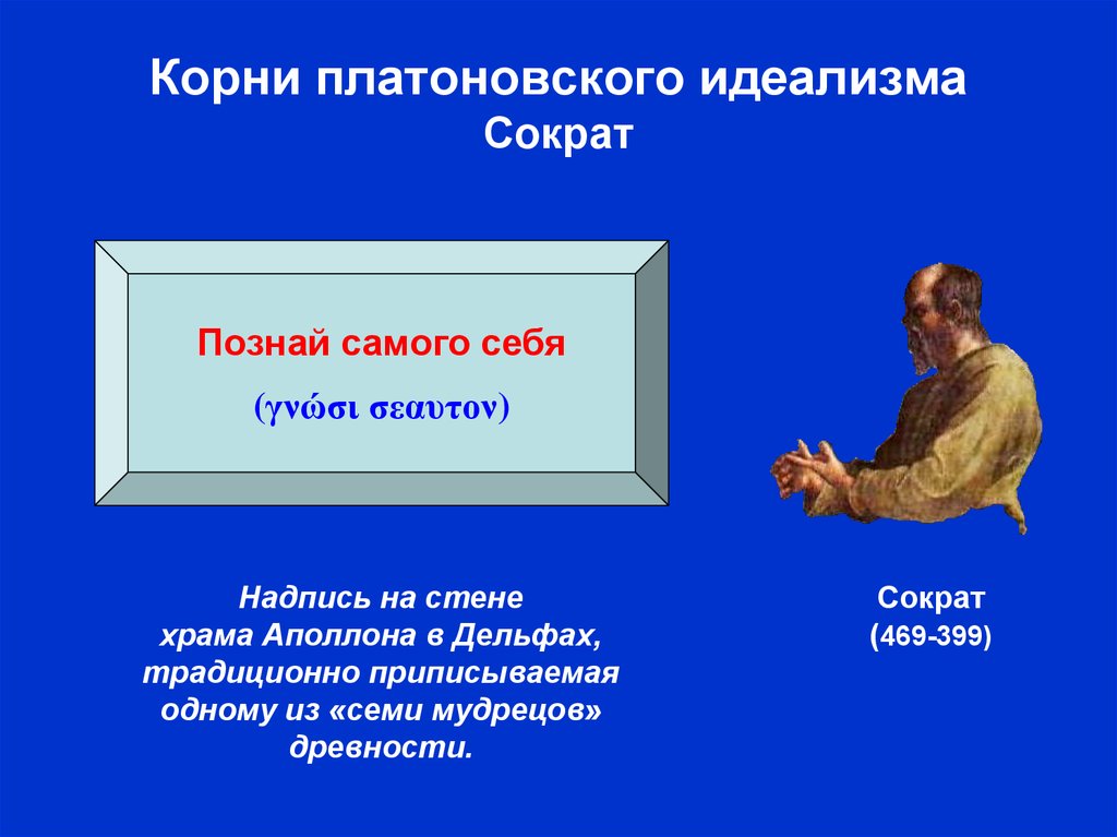 Идеализм Платона философия. Познай себя Сократ. Корни Платоновского идеализма. Платон обоснование идеализма.