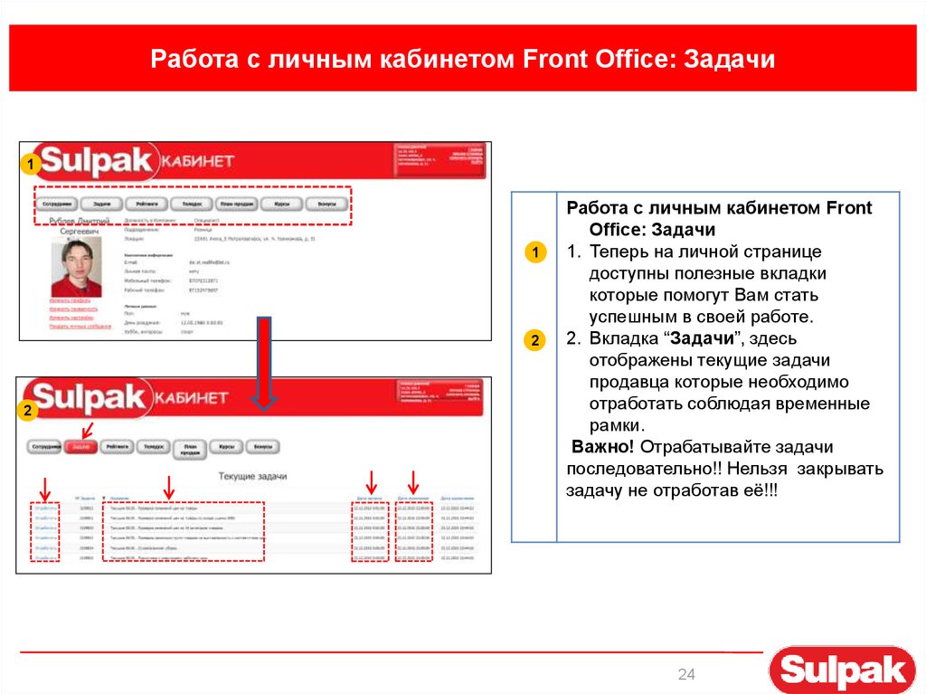 Работа с личным кабинетом Front Office: Задачи