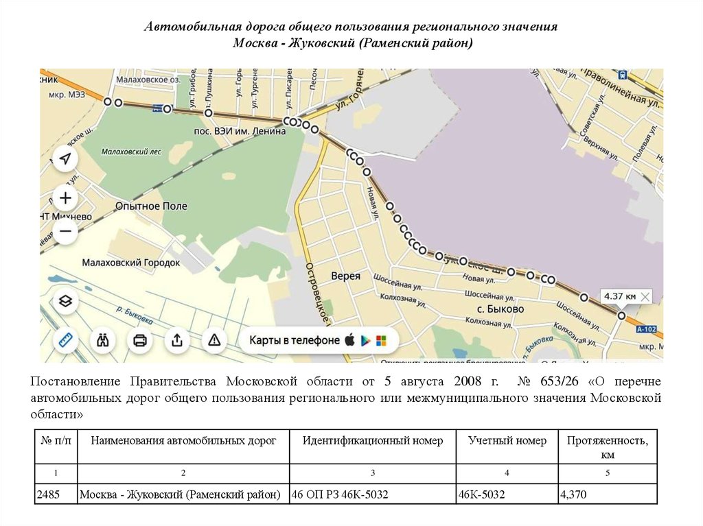 Карта дорог регионального значения