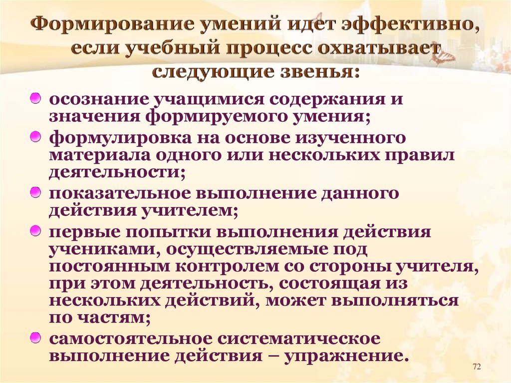 Формирование взаимоотношения. Формулировка навыков. Как формируются способности. Учебно показательная деятельность. Контроль со стороны учителя за учебным процессом.