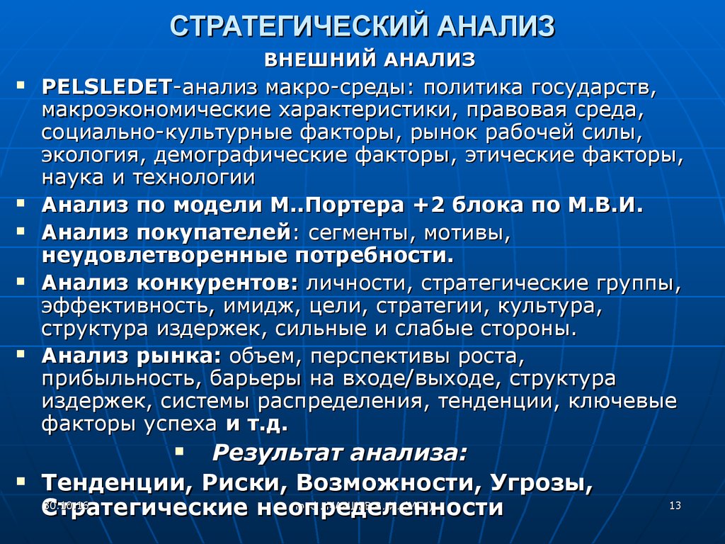 Анализ стратегии. Стратегический анализ. Методы стратегического анализа внешней.