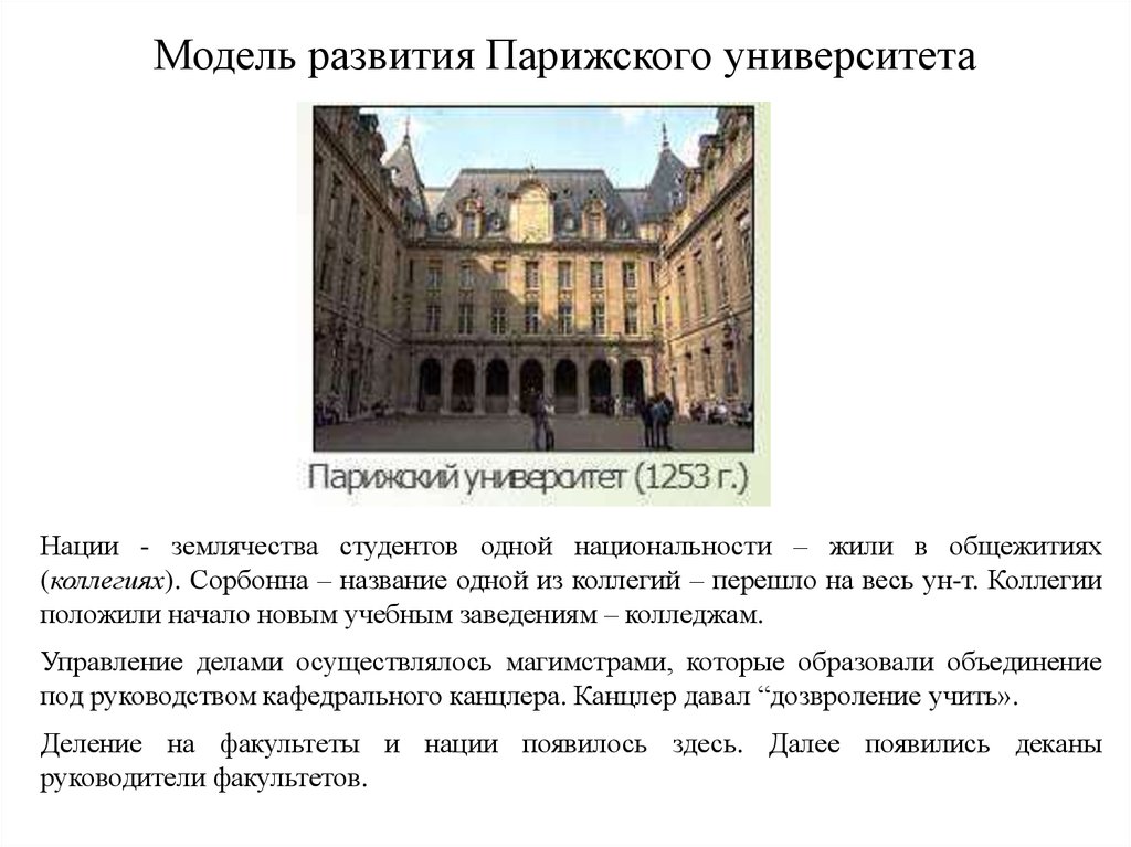 Начала развиваться. Профильное направление парижского университета в средние века. Первые университеты Европы студенческие землячества. Распространенное название парижского университета. Парижский университет печати наций.