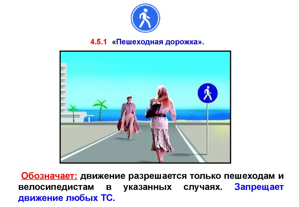 Обозначающие движение. Пешеходная дорожка - разрешается движение только пешеходам.. Зона действия предписывающих знаков дорожного движения. Движение разрешается только. 4.5.1 4.5.1 Пешеходная дорожка.