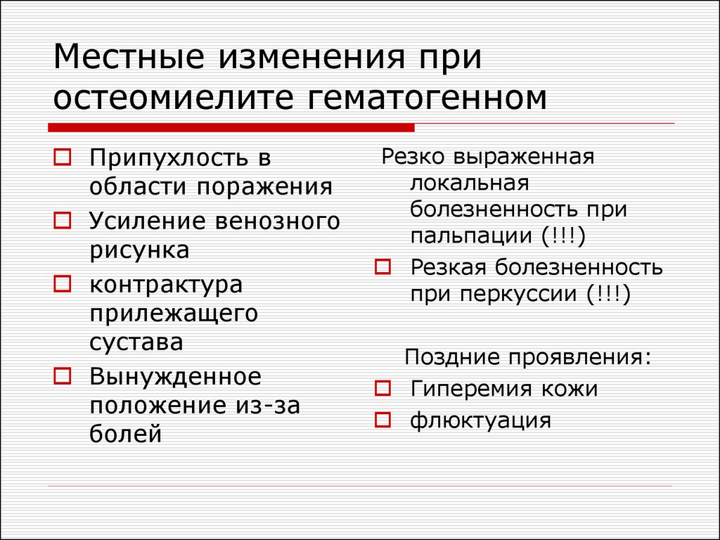 Местные изменения. Местные изменения при остеомиелите. Прогноз жизни при гематогенном остеомиелите.