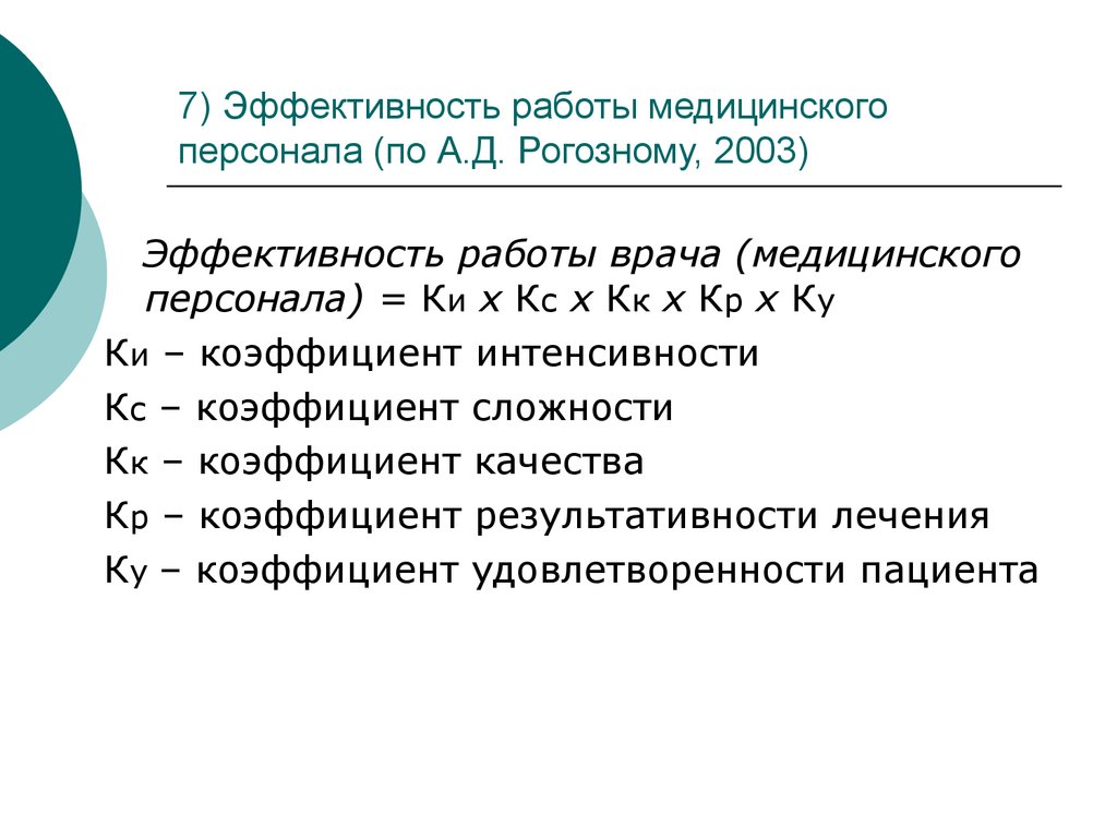 7) Эффективность работы медицинского персонала (по А.Д. Рогозному, 2003)