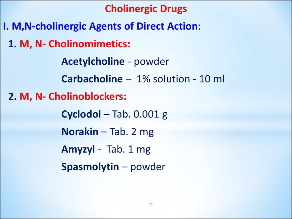 Drugs affecting the afferent and efferent nervous system. Cholinergic