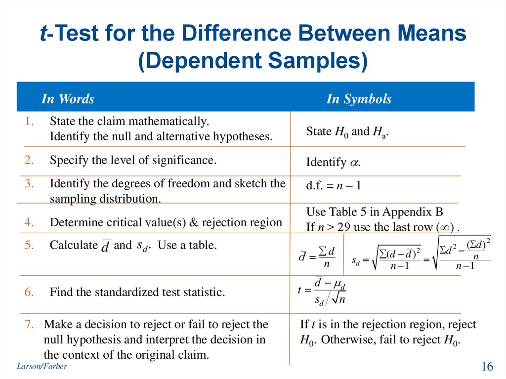 t-Test for the Difference Between Means (Dependent Samples)