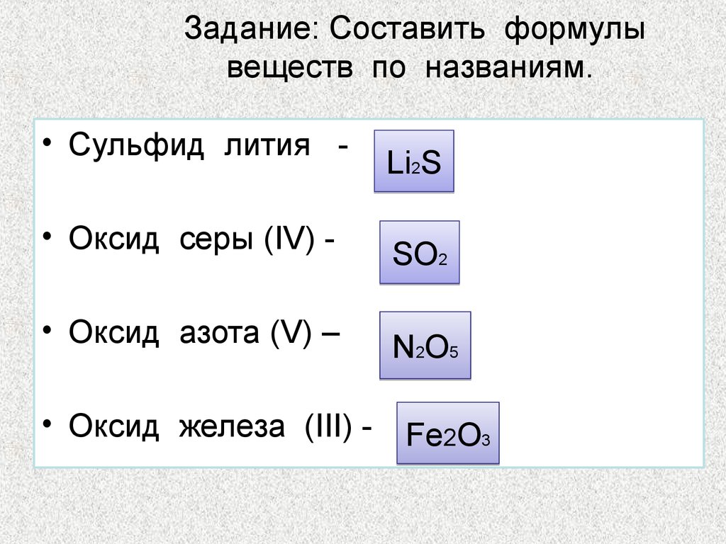 Оксид азота 2 и оксид лития. Составьте формулы по названию оксид азота 3. Формула сульфида лития в химии. Составление формулы вещества по названию. Составьте формулы соединений.