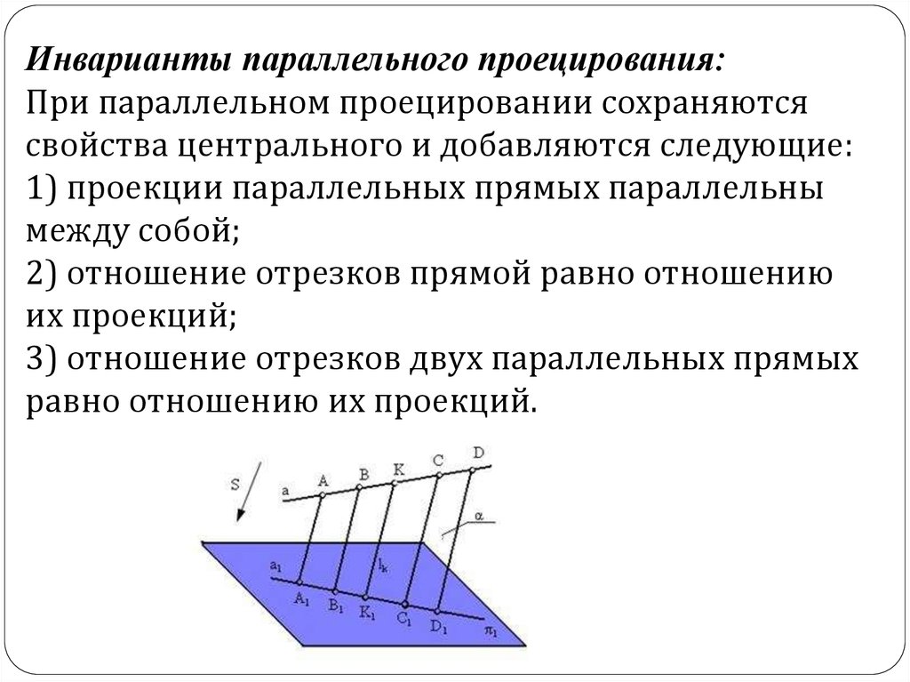 Проецирует отношения. Инварианты параллельного проецирования. Свойства параллельного проецирования. Свойства параллельности проекций. Свойства параллельных проекций.