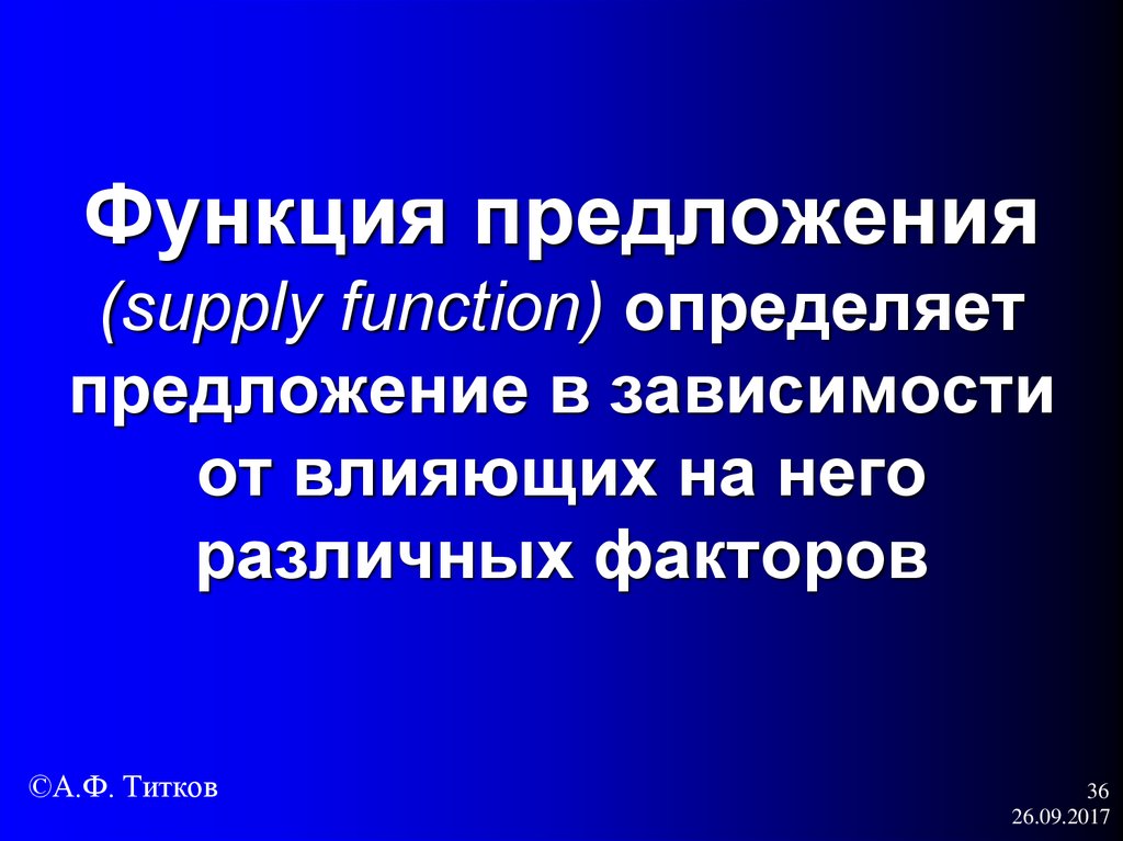 Функция предложения (supply function) определяет предложение в зависимости от влияющих на него различных факторов