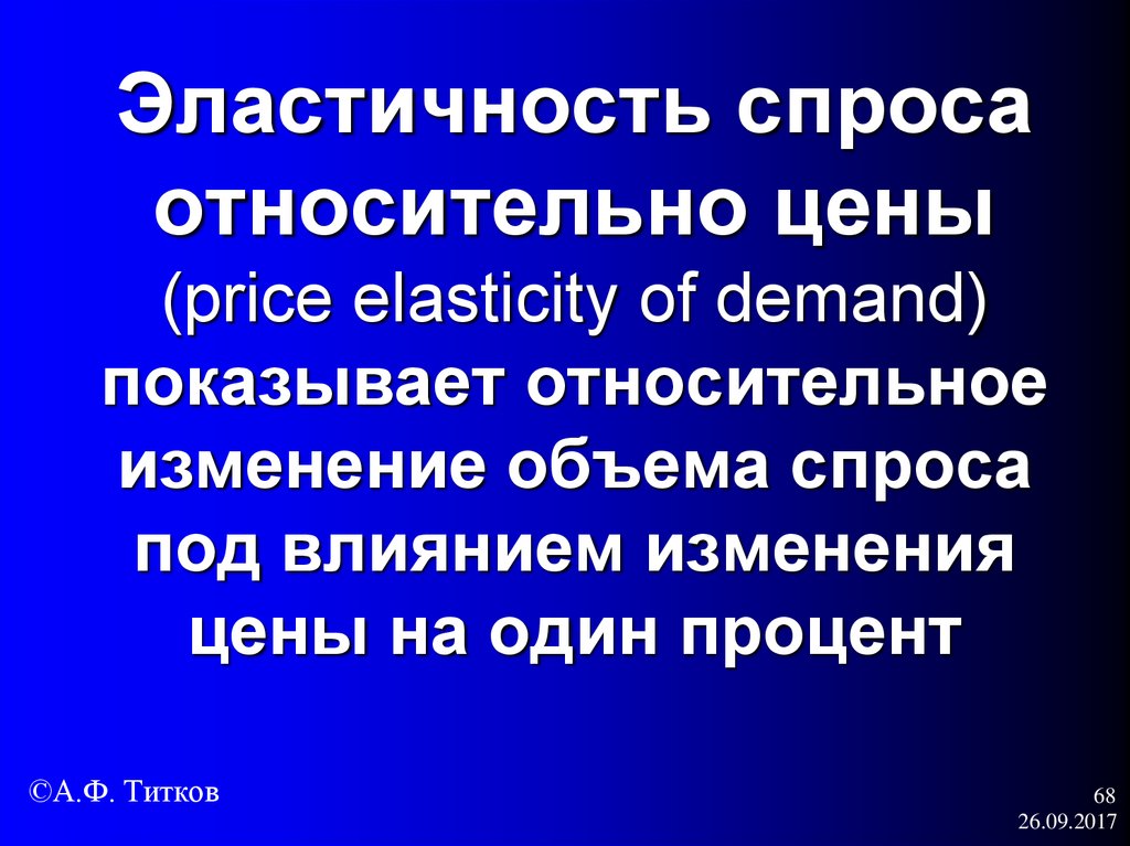 Эластичность спроса относительно цены (price elasticity of demand) показывает относительное изменение объема спроса под