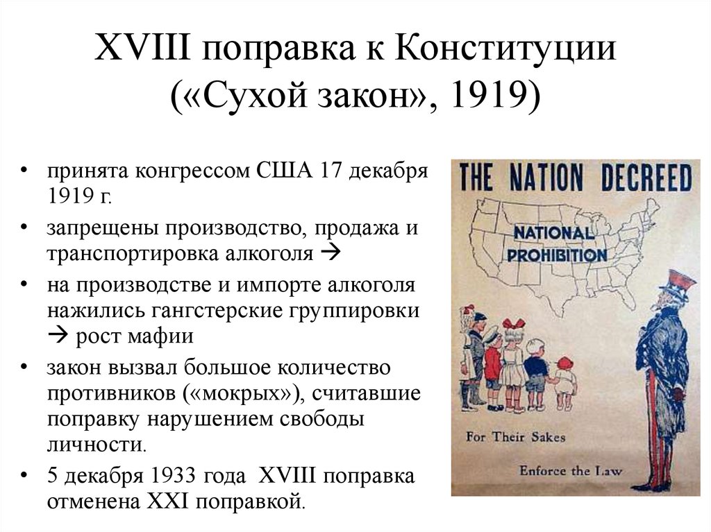 XVIII поправка к Конституции («Сухой закон», 1919)
