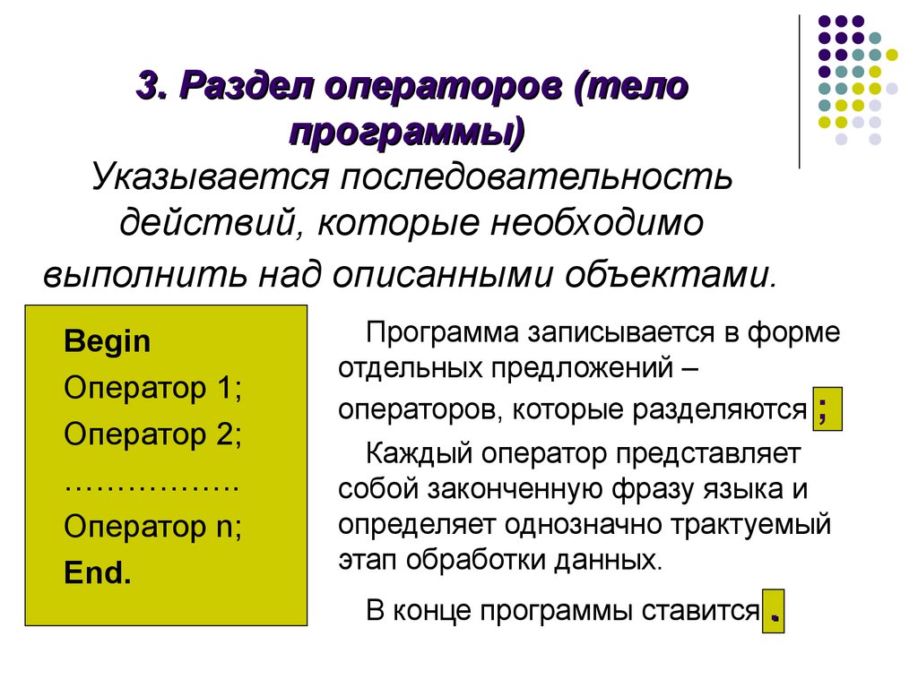 Разделы программы. Раздел операторов Паскаль. Оператор программы. Раздел операторов программы. Последовательность разделов программы.