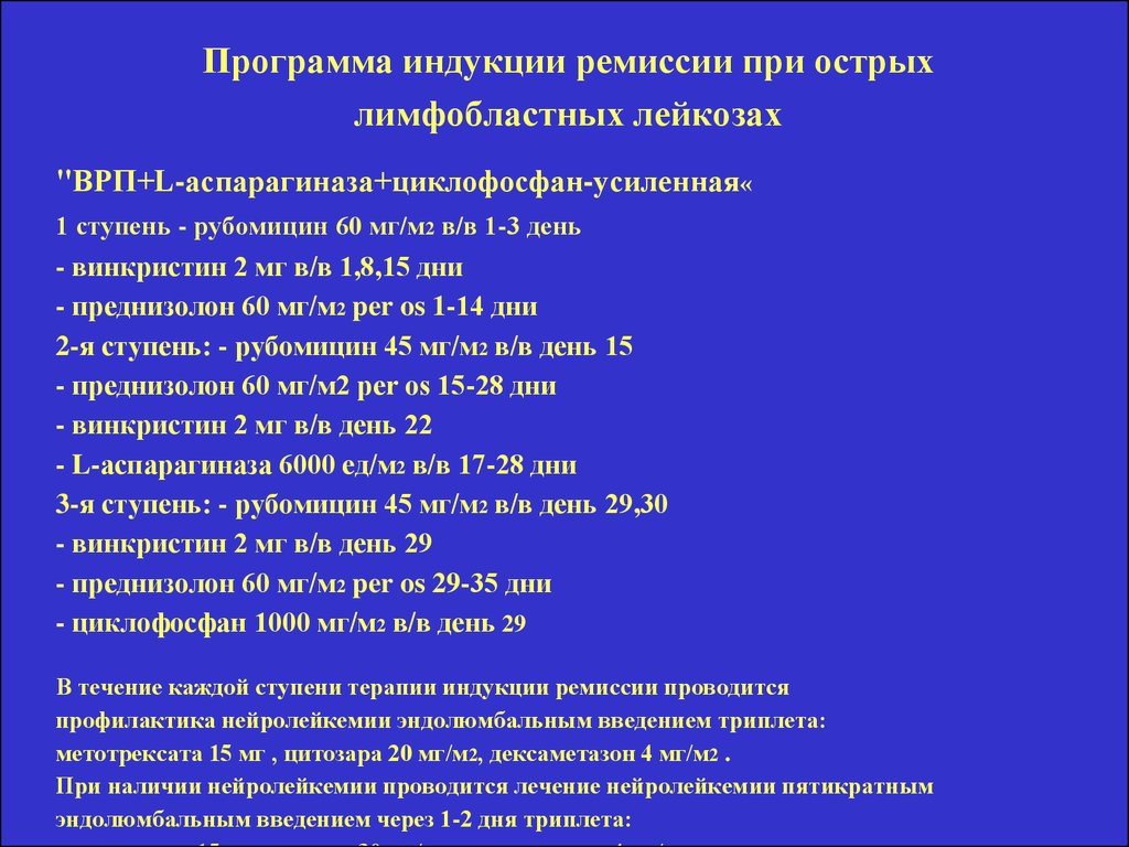 Ремиссия острого лейкоза. Индукция ремиссии острого лейкоза. Индукция ремиссии острого лимфобластного лейкоза. Индукция ремиссии при остром лейкозе. Программа химиотерапии больных острым лимфобластным лейкозом.