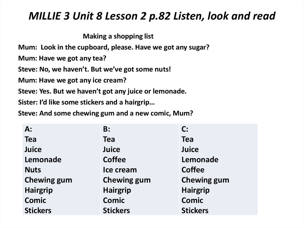 Listen and look. Millie 2 класс 8 Unit. How many Lemonade have we got. Have you got any Lemonade. Have you got any Sugar.