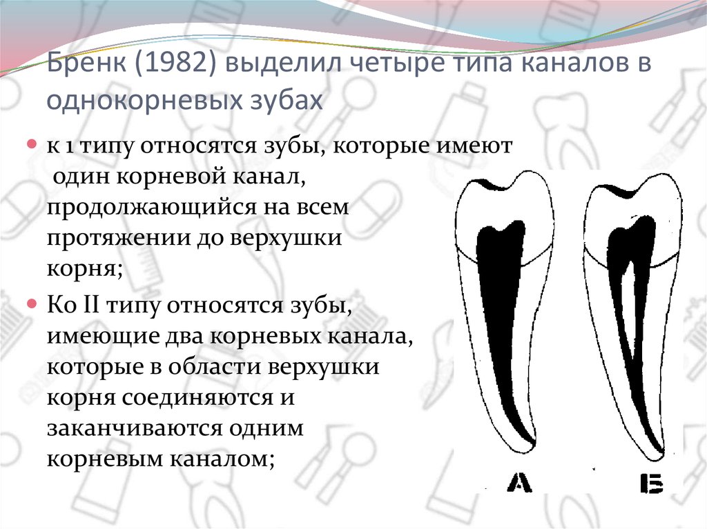 Сколько каналов в 16. Типы корневых каналов 4 типа. Типы корневых каналов в однокорневых зубах. Расположение корневых каналов в зубах. Типы корневых каналов по Бренку.